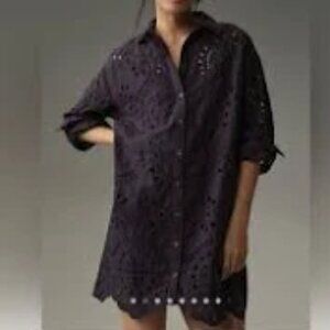 Long-Sleeve Eyelet Mini Shirt Dress